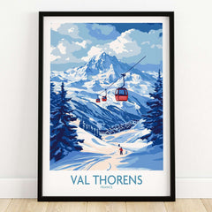 Ski Poster Val Thorens | Ski Trip Memories Wall Art featuring a scenic view of snowy mountains and ski lifts.