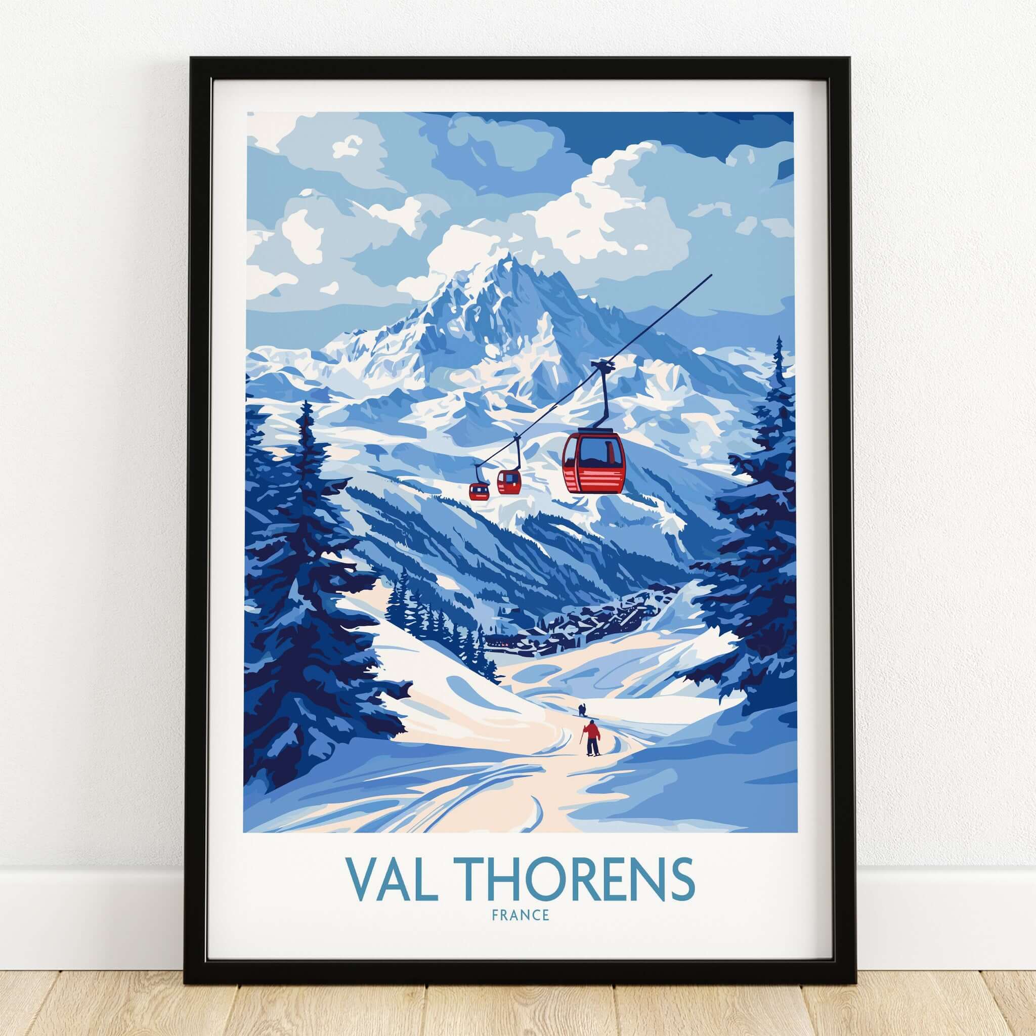 Ski Poster Val Thorens | Ski Trip Memories Wall Art featuring a scenic view of snowy mountains and ski lifts.