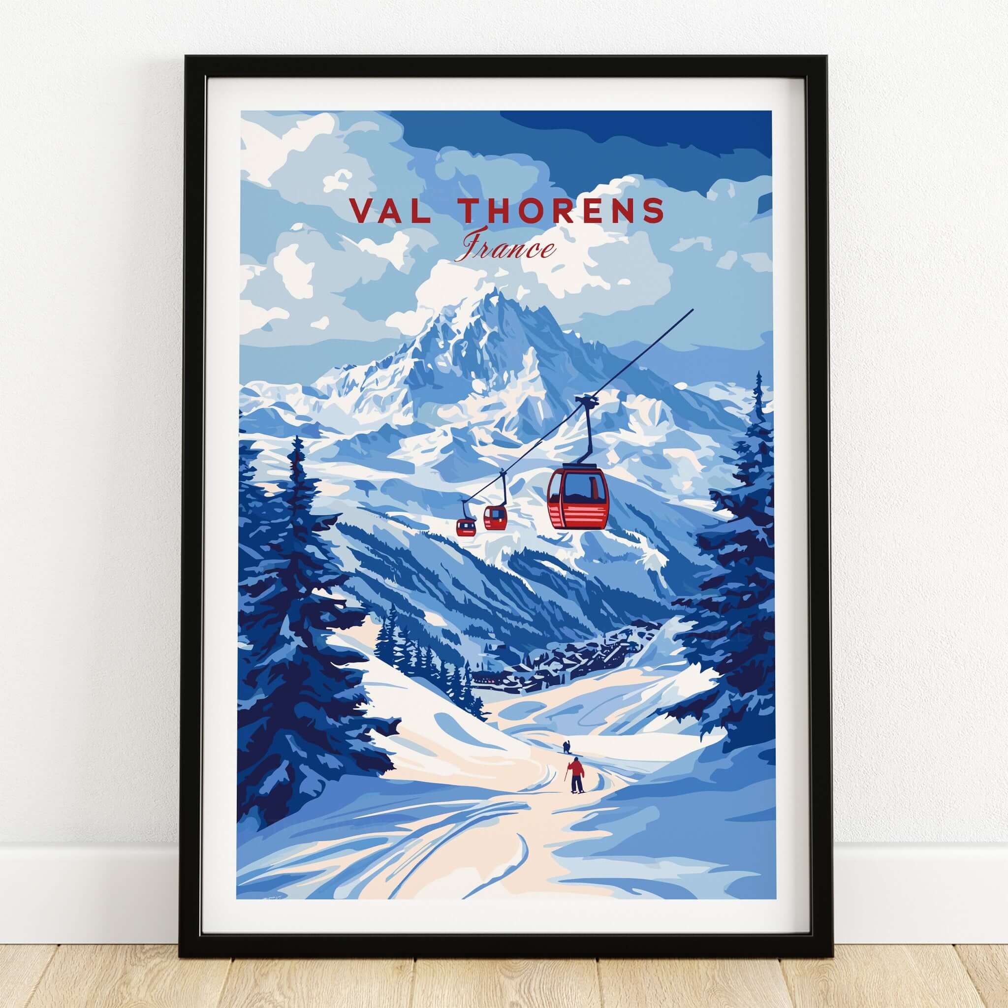 Val Thorens Poster France | Winter Sports Scene Print depicting a ski landscape with mountains and gondolas.