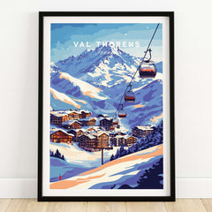 Val Thorens France Ski Poster | Iconic Chairlift Scene featuring a picturesque ski resort and chairlift in the French Alps.