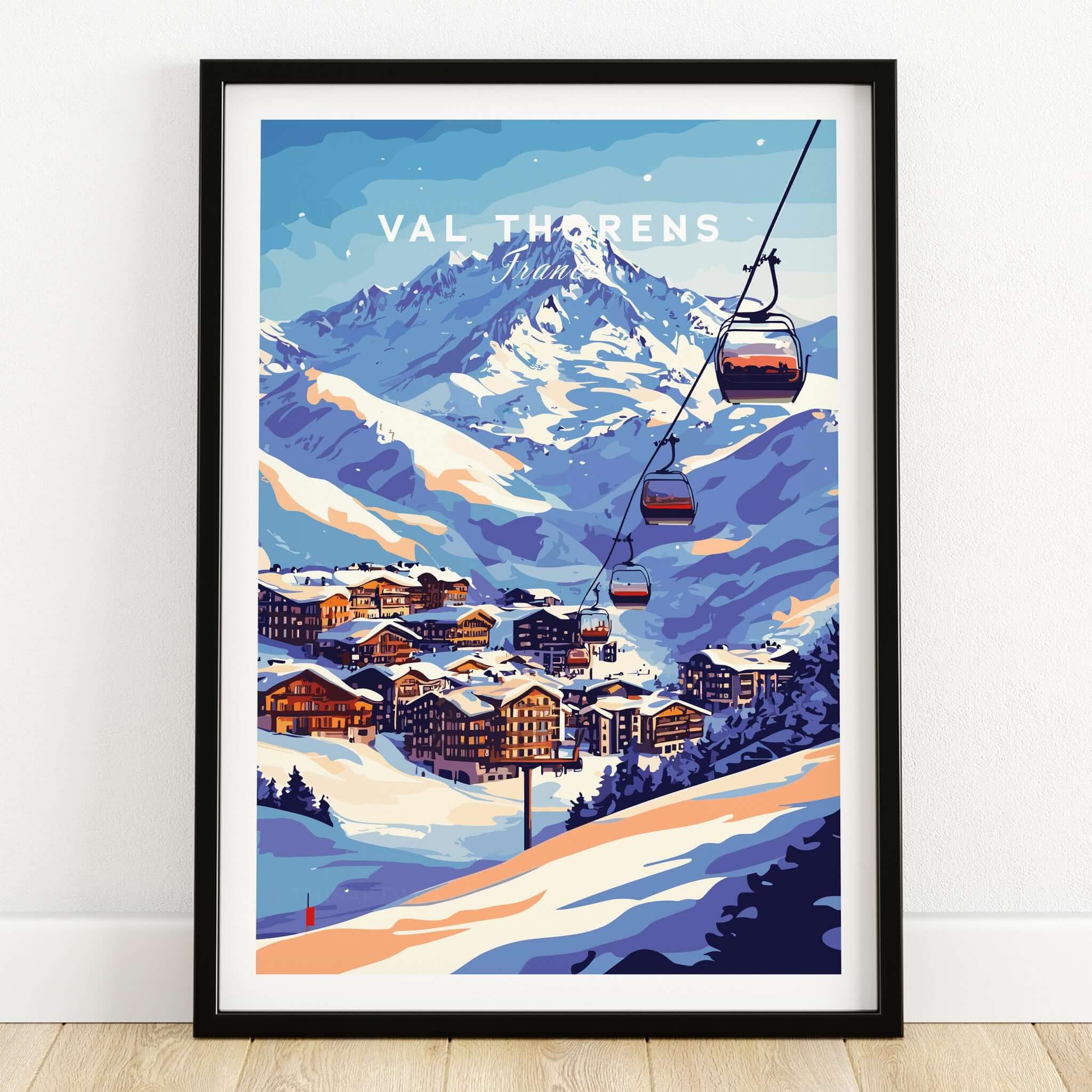 Val Thorens France Ski Poster | Iconic Chairlift Scene featuring a picturesque ski resort and chairlift in the French Alps.