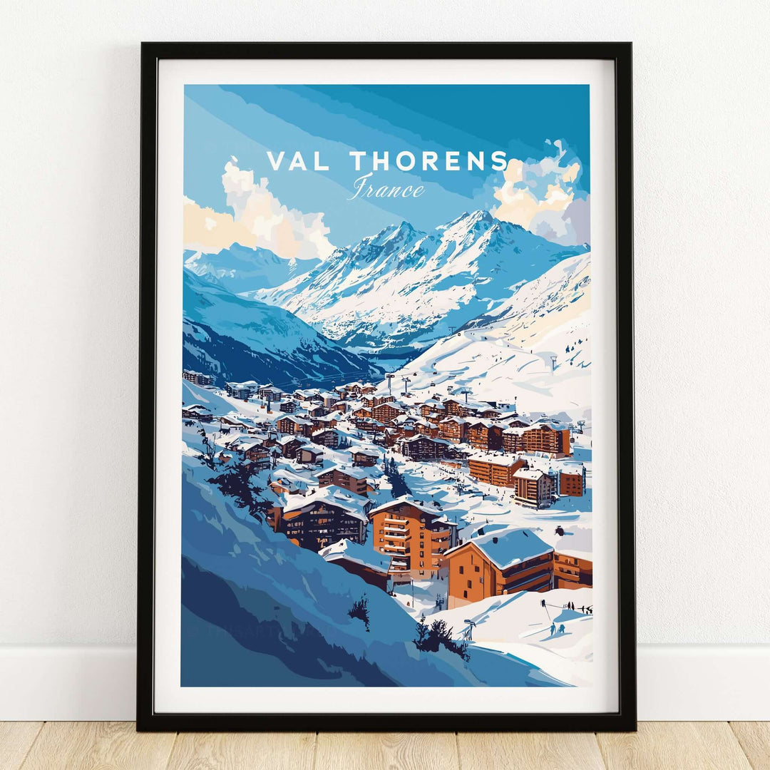 French Alps Ski Village Poster | Cosy Val Thorens Scene in a framed print showcasing a picturesque winter landscape.