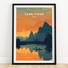Vang Vieng Laos Travel Poster | Nam Song River Sunset Wall Art Print featuring serene landscape and sunset reflections.