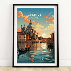 Venice Print featuring serene canals, a gondola, and a stunning sunset over Venice, Italy.