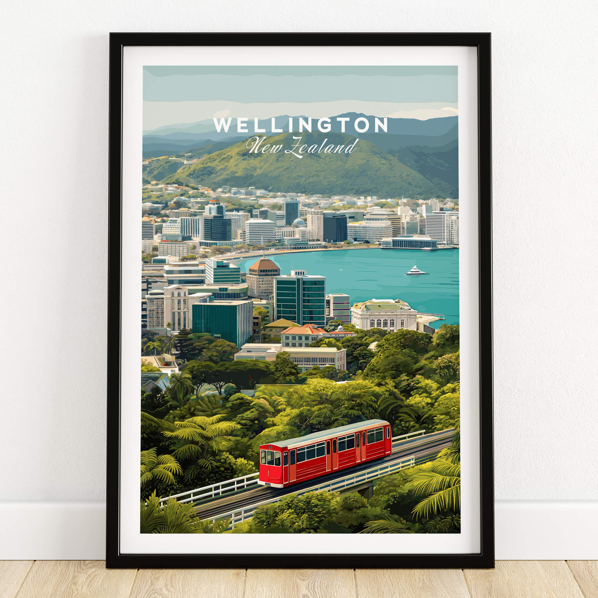 Wellington New Zealand Wall Art Print | Travel Poster featuring the city's vibrant harbor and red cable car.