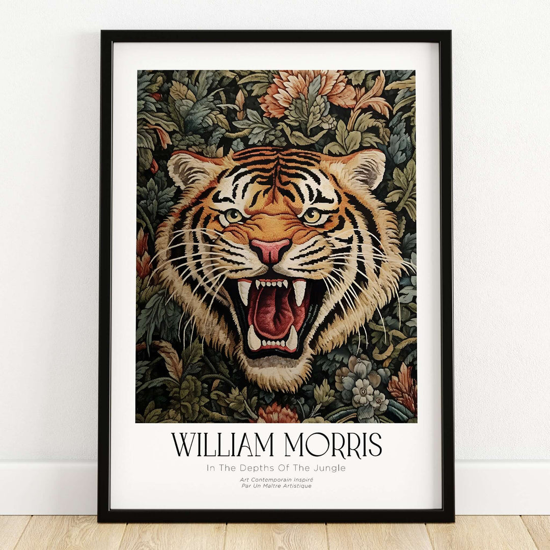 William Morris Prints - Exhibition Poster - Jungle Tiger featuring a roaring tiger amidst lush foliage and flowers.