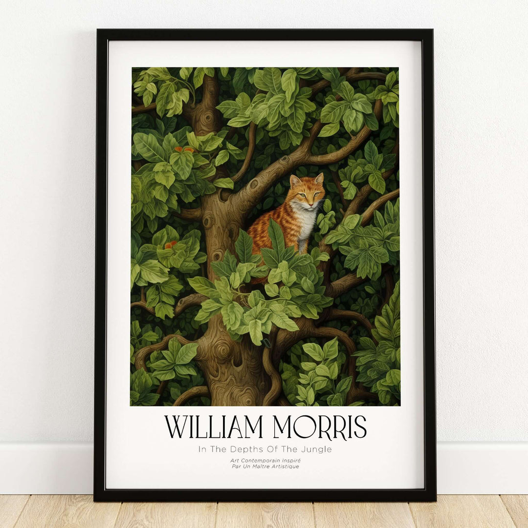 William Morris Ginger Cat in Tree Botanical Art Print - Foliage Poster featuring a cat amidst lush foliage.