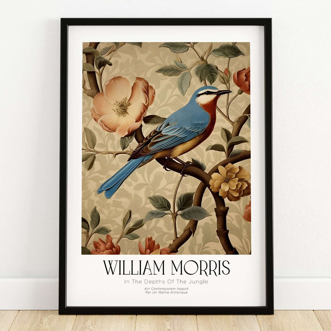 William Morris Prints - Blue Bird Floral Art Print - Botanical Poster featuring a vibrant blue bird and floral design.