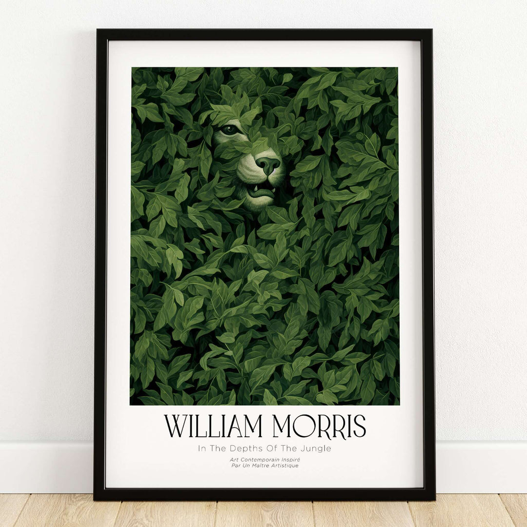 William Morris Prints - In the Depths of the Jungle Foliage Botanical Art Print featuring a big cat in lush green leaves.