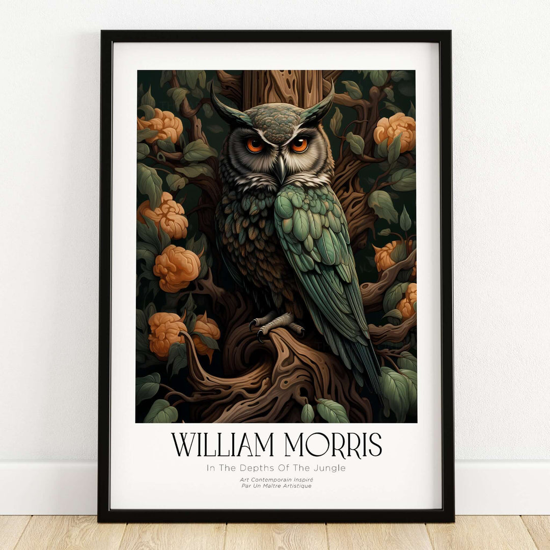 William Morris Prints - Wise Owl Botanical Art Print - Floral Tree Poster featuring a wise owl amid lush foliage.