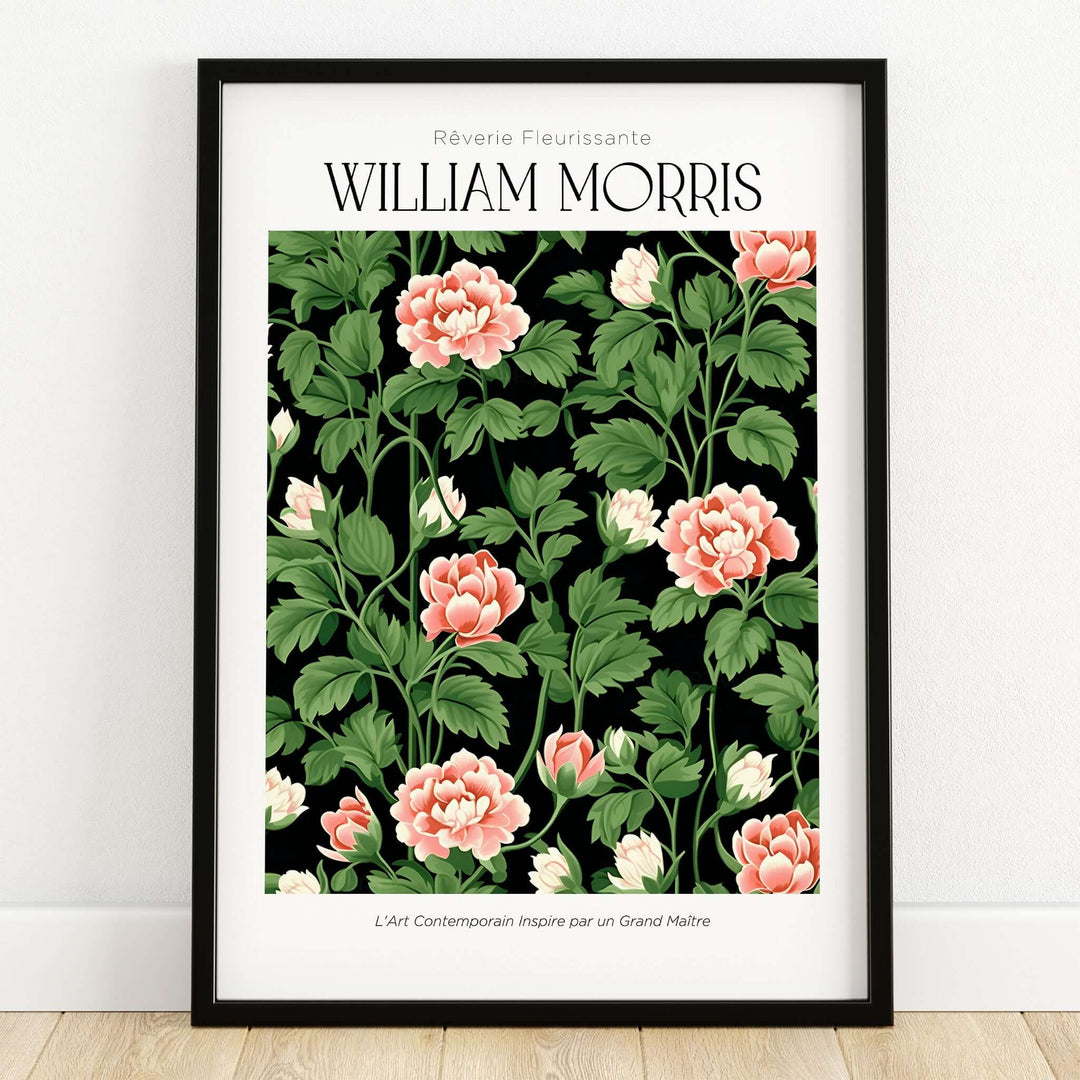 William Morris Prints - Pink Blossom Art Print - Dark Botanical Poster featuring pink blossoms on dark background.