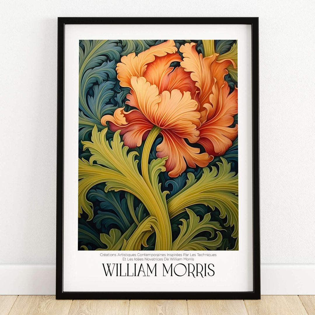 William Morris Orange Bloom Swirling Leaves Art Print - Botanical Poster featuring vibrant orange bloom and intricate green leaves.