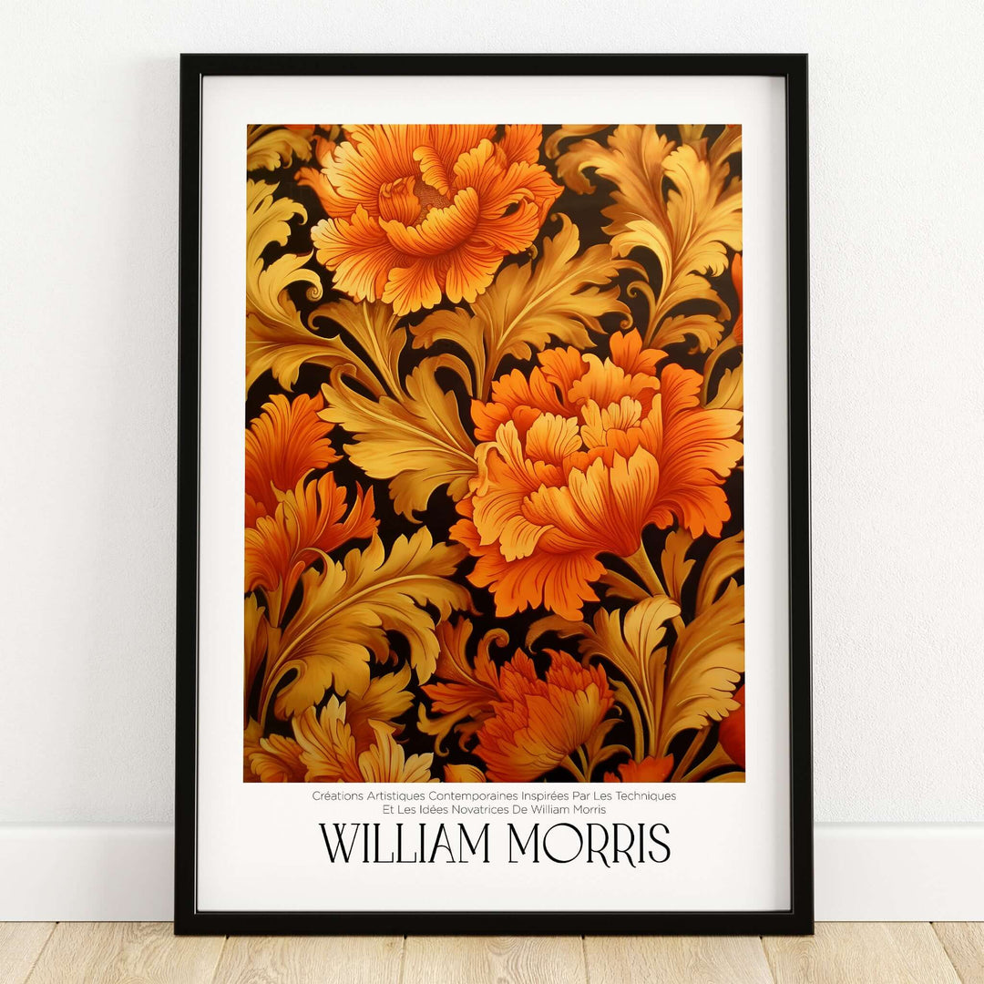 William Morris Prints - Orange Gold Floral Pattern Art Print - Dark Botanical Poster showcasing vibrant orange flowers.