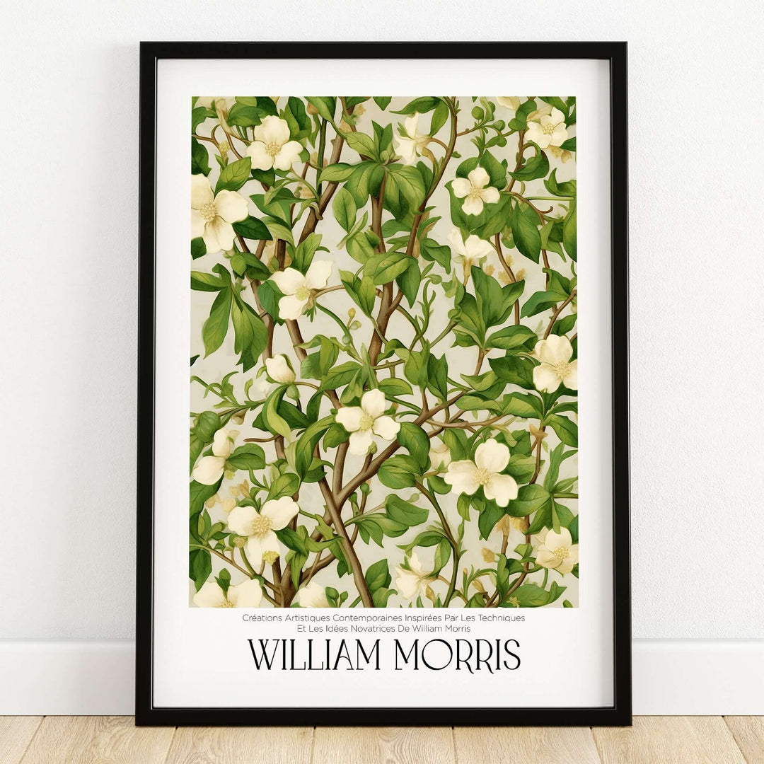 William Morris Prints - White Blossom Branch Art Print - Exhibition Poster featuring delicate white blossoms and green leaves.