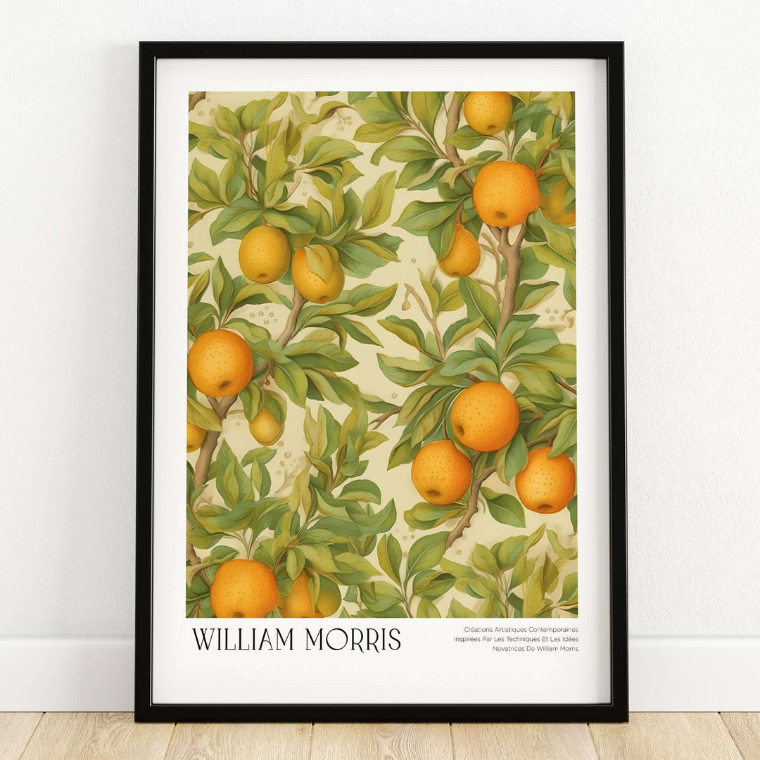 William Morris Prints - Orange Grove Fruit Tree Art Print - Botanical Poster featuring ripe oranges and lush green leaves.