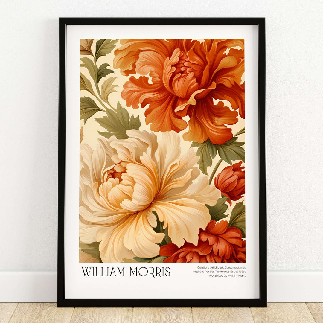 William Morris Art Prints - Peony Blooms Art Print - Orange Cream Floral Poster featuring large, detailed peony flowers.