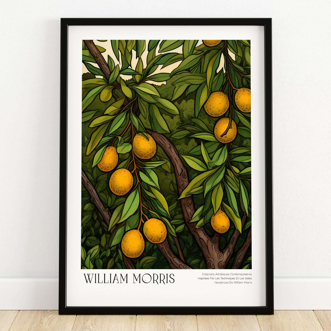 William Morris Prints - Illustrated Orange Tree Art Print - Botanical Fruit Poster featuring vibrant orange fruit and lush green leaves.