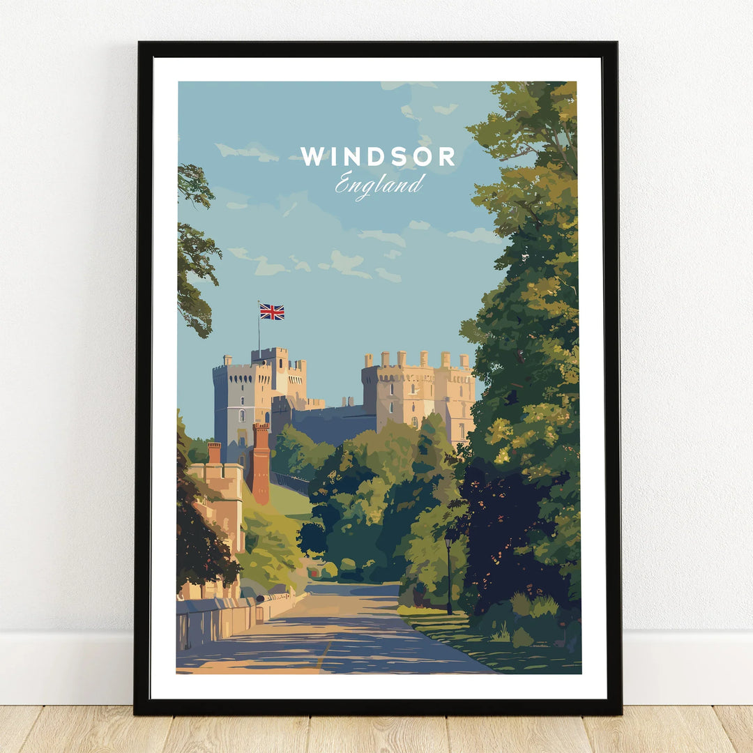 Windsor Castle art print in black frame on wooden floor, travel wall decor poster.