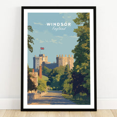 Windsor Castle art print in black frame on wooden floor, travel wall decor poster.