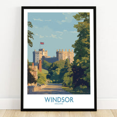 Windsor Castle art print in black frame, city travel poster with trees and Union Jack flag