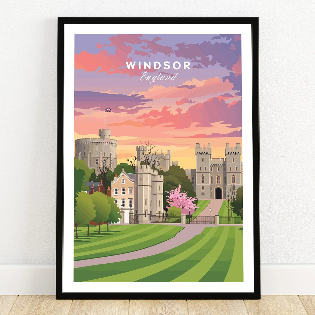 Windsor England travel poster art print in black frame on wooden floor against white wall