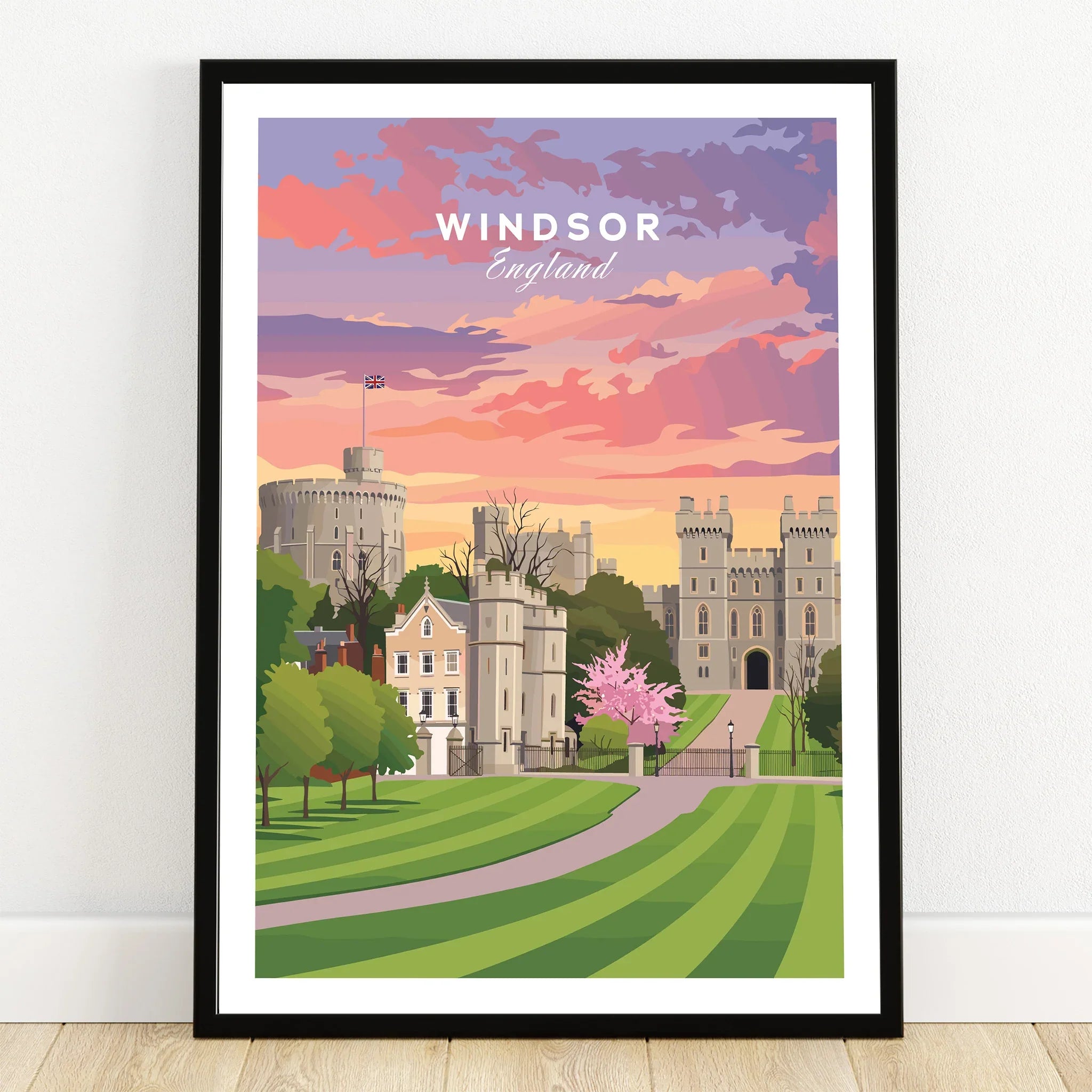 Windsor England travel poster art print in black frame on wooden floor against white wall