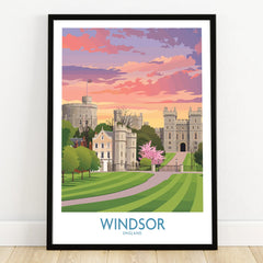 Windsor England art print in black frame, colorful sunset sky, castle and gardens wall decor