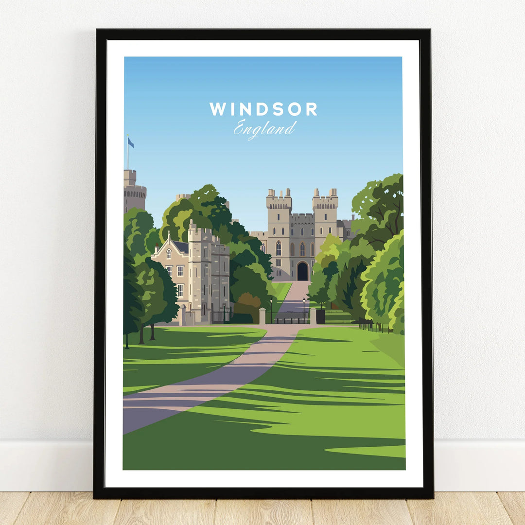 Windsor England art print in black frame with castle and green landscape, leaning on wooden floor