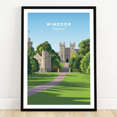 Windsor England art print in black frame with castle and green landscape, leaning on wooden floor