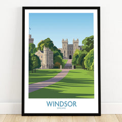 Windsor Castle art print in a black frame on a wooden floor, featuring green lawns and blue sky.