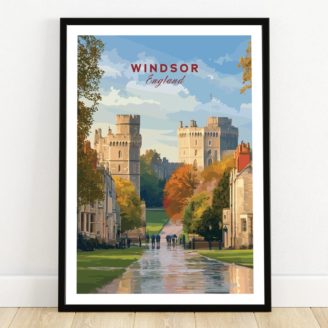 Windsor England art print in black frame, showing castle, autumn trees, and pedestrians