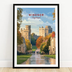 Windsor England art print in black frame, showing castle, autumn trees, and pedestrians