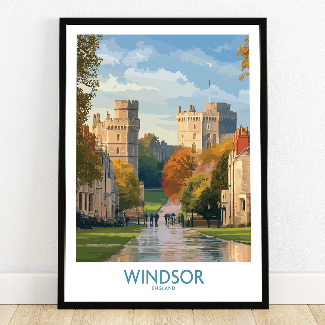 Windsor England art print in black frame, featuring castle scene and autumn trees.