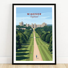 Windsor Castle art print in black frame on wooden floor, illustrated travel poster