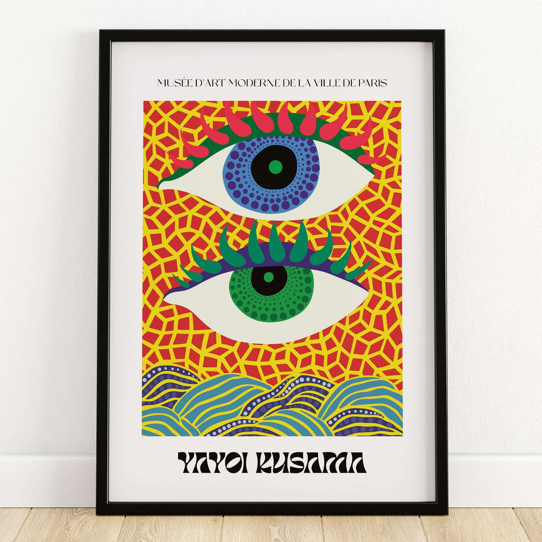 Yayoi Kusama Colorful Eyes Abstract Pattern Contemporary Art Print Paris Poster featuring large eyes and vibrant geometric design.