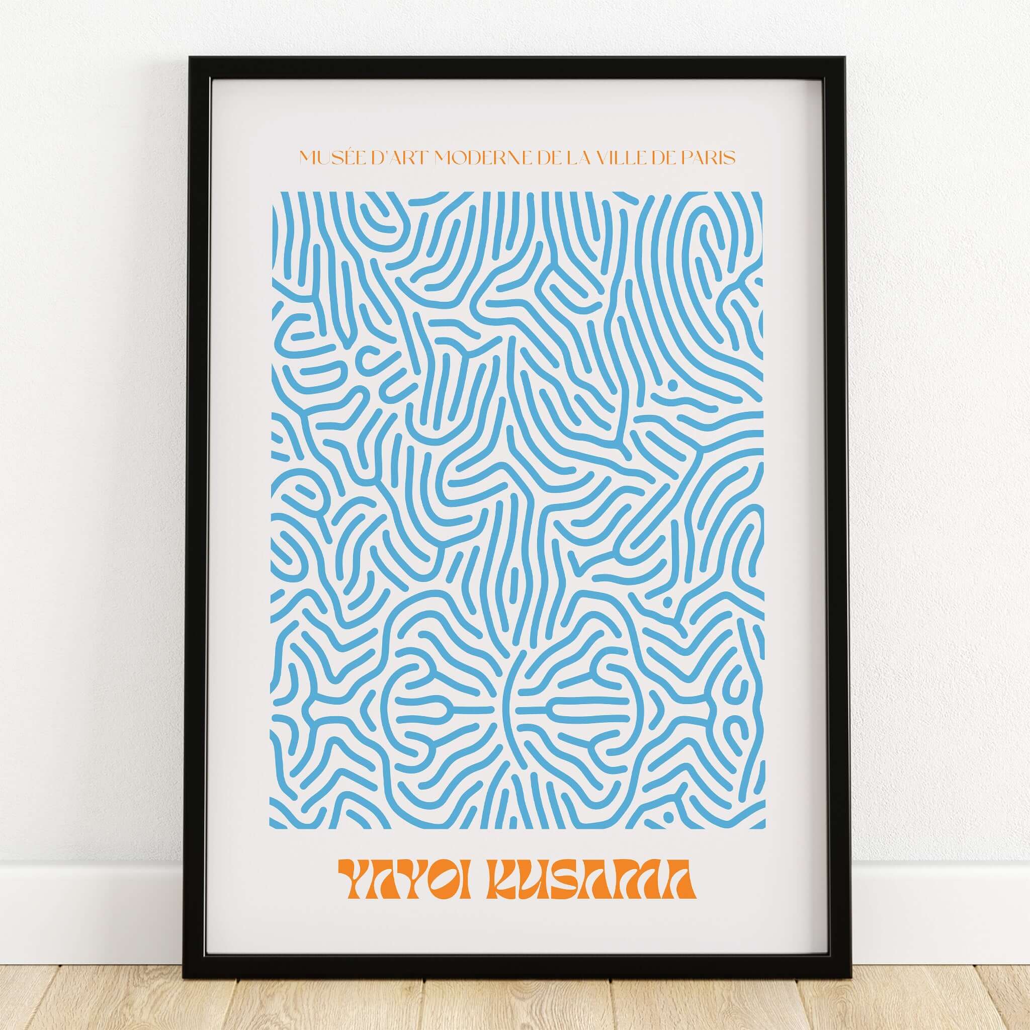 Yayoi Kusama Blue Infinity Net Pattern Abstract Art Print Paris Exhibition Poster showcasing blue lines on white