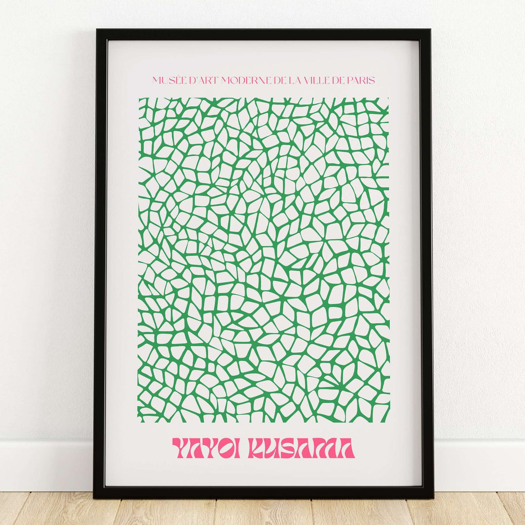 Yayoi Kusama Green Net Pattern Abstract Contemporary Art Print Paris Poster Decor featuring intricate green net design.