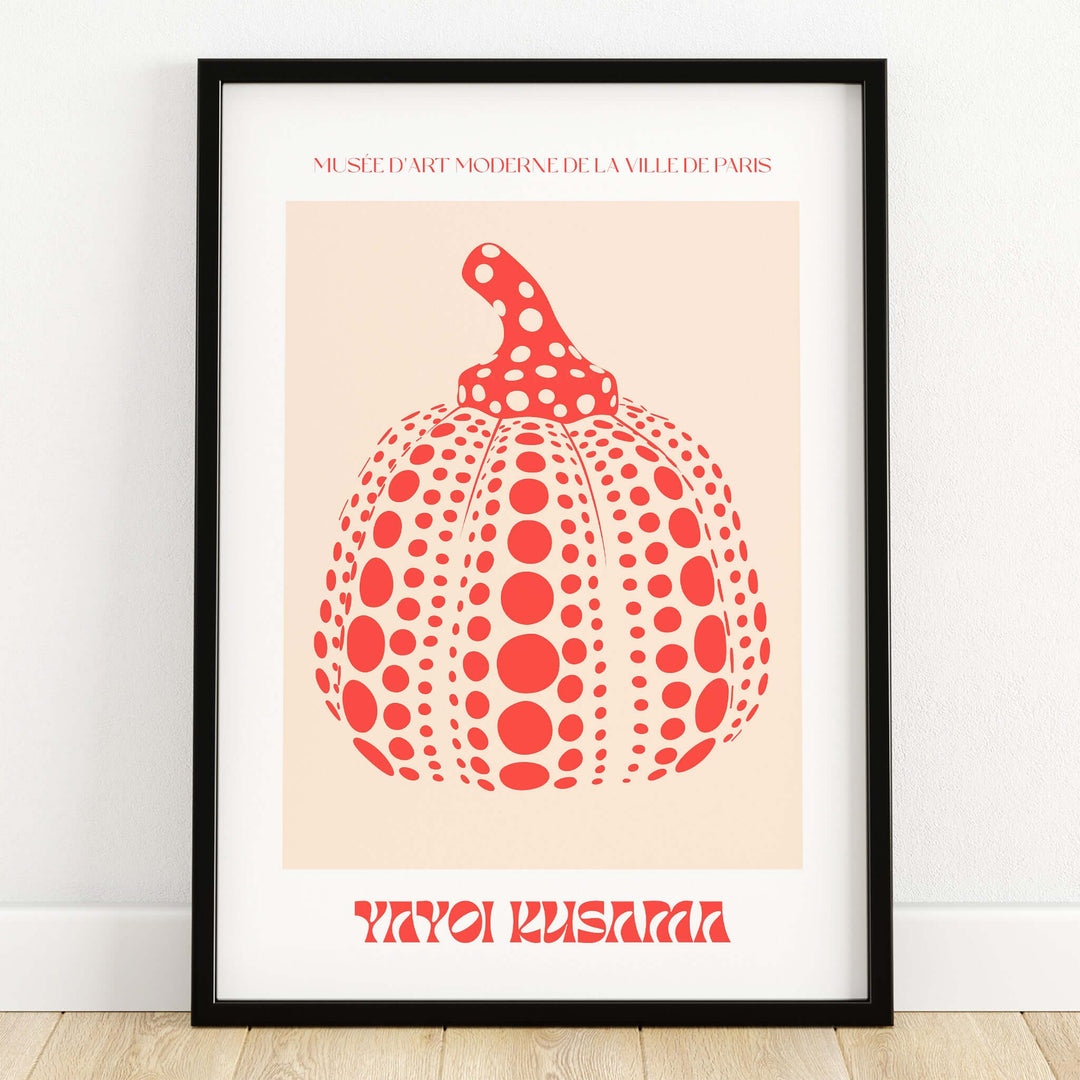 Yayoi Kusama Red Pumpkin Polka Dot Pop Art Print Poster Paris Exhibition Wall Art framed print display on a wall.