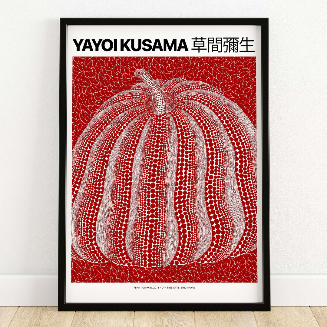 Yayoi Kusama Red White Pumpkin 2013 Singapore Exhibition Art Print Poster Polka Dot displayed in a black frame.