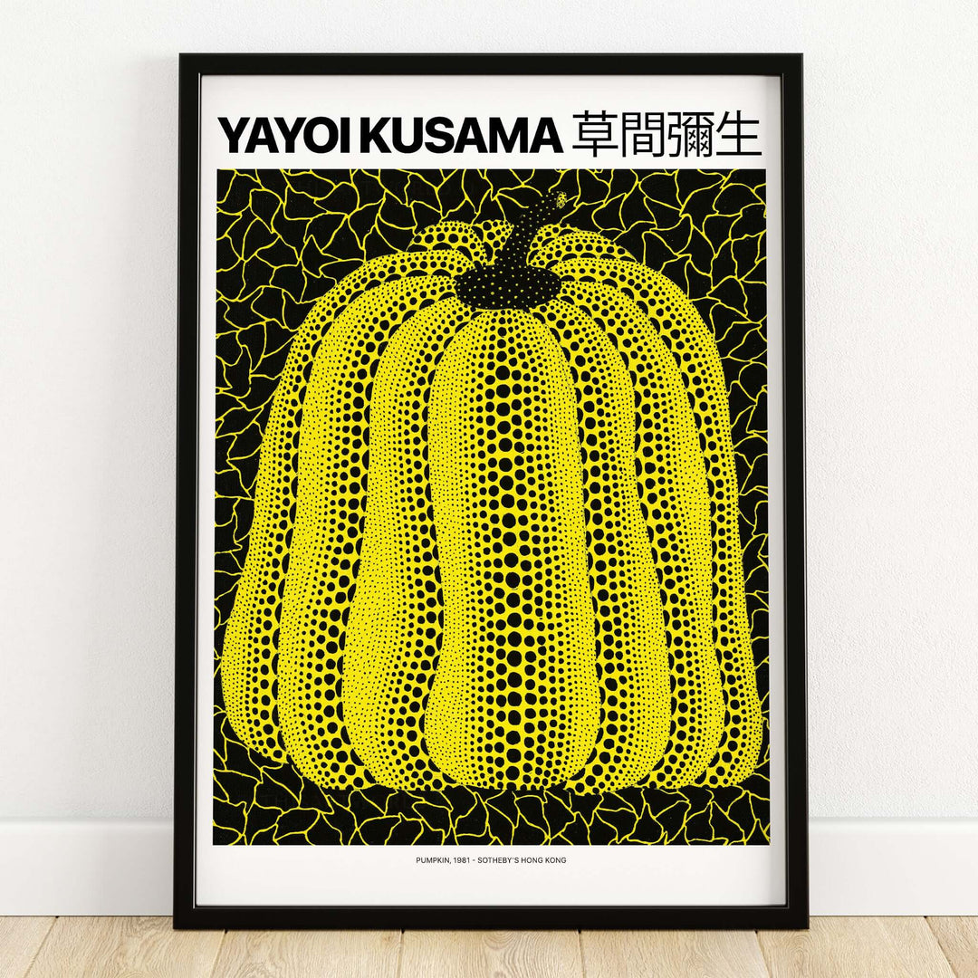 Yayoi Kusama Yellow Black Pumpkin 1991 Hong Kong Art Print Poster Polka Dot Decor framed print on a wall.