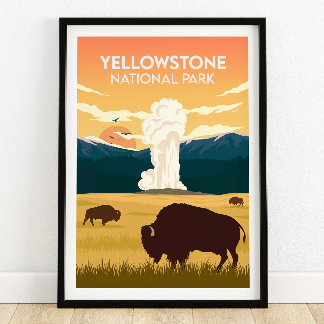 Yellowstone National Park art print with bison, geyser, and mountains in black frame