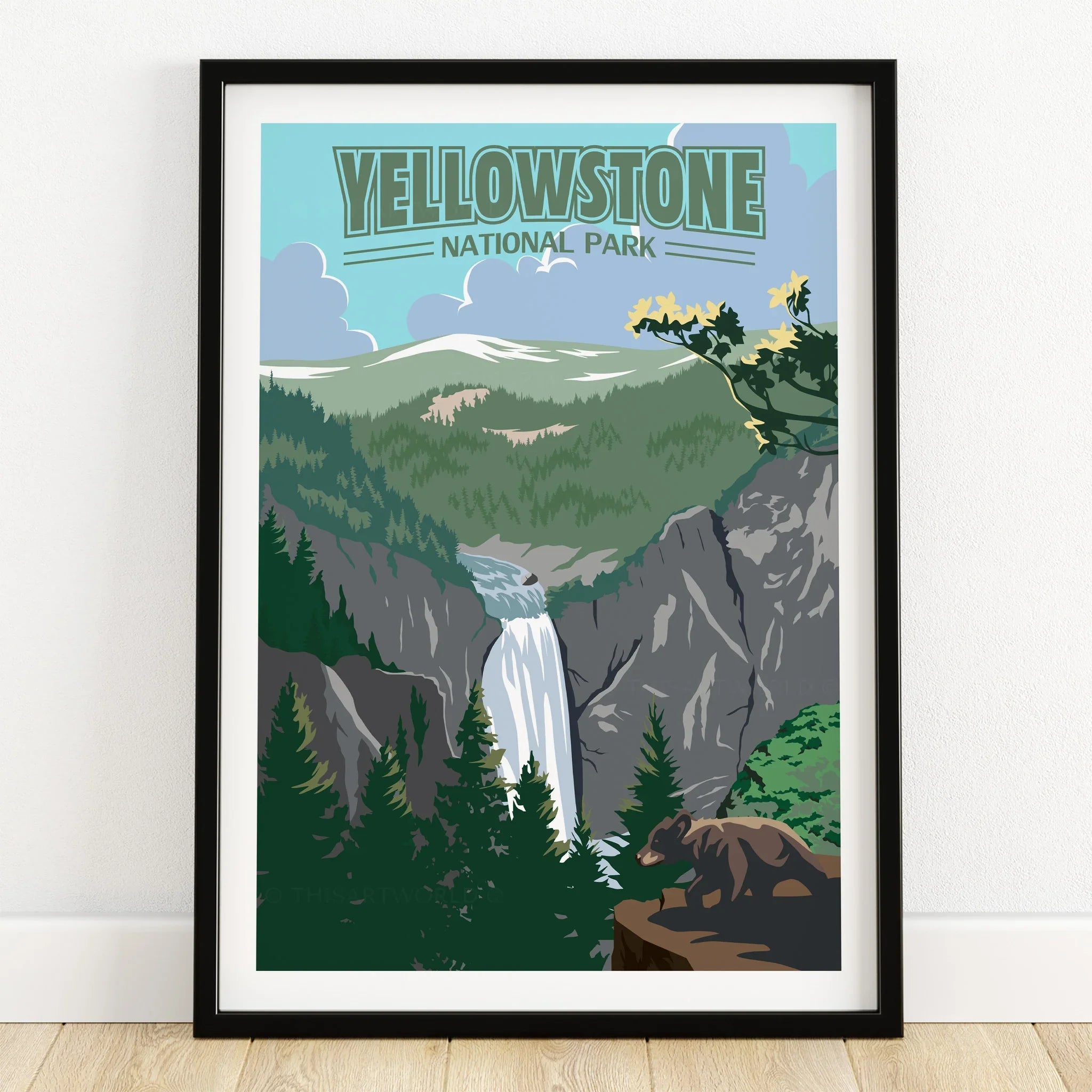 Yellowstone National Park art print with a bear, pine trees, and waterfall in black frame