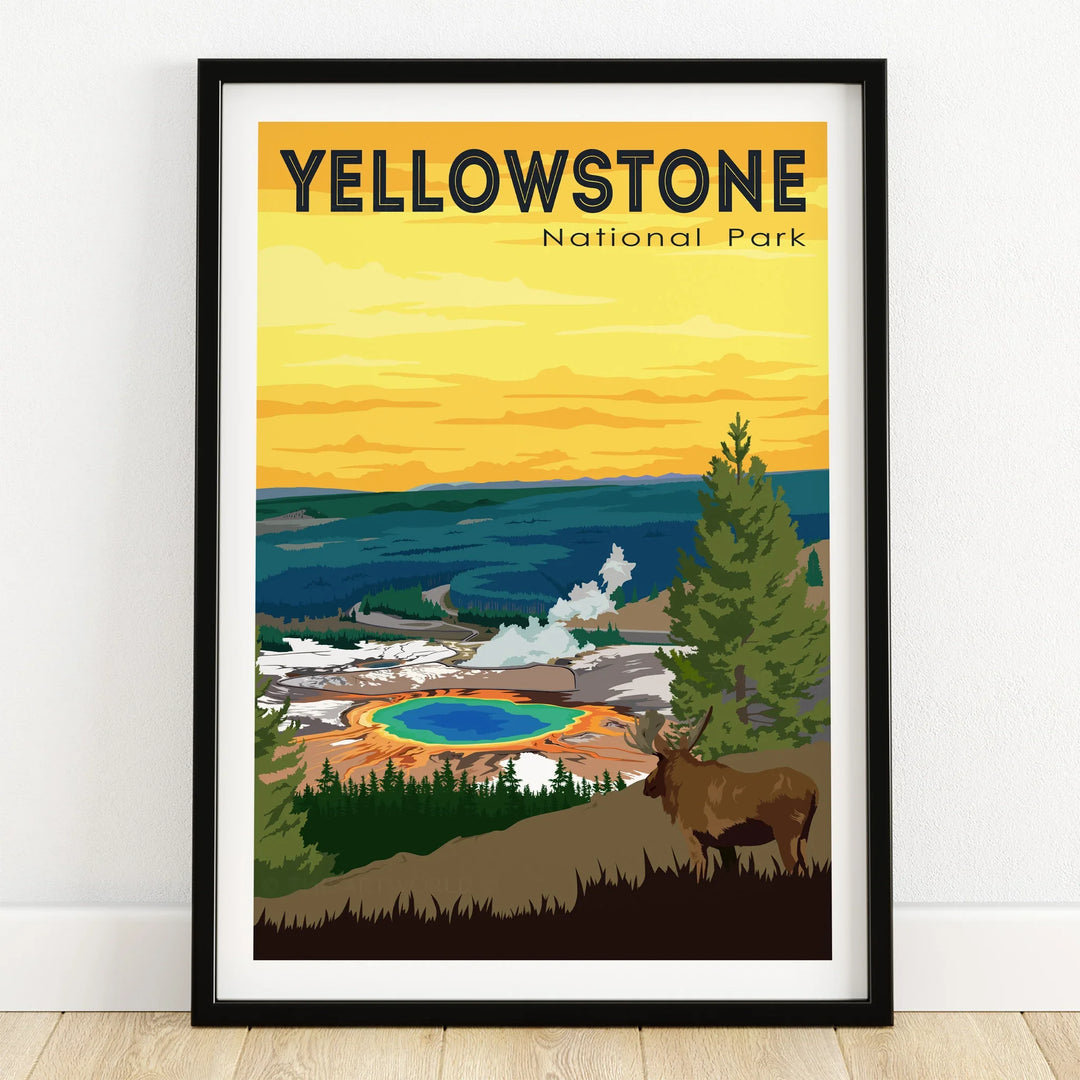 Yellowstone National Park art print with colorful geyser, forest, elk, and sunset in black frame