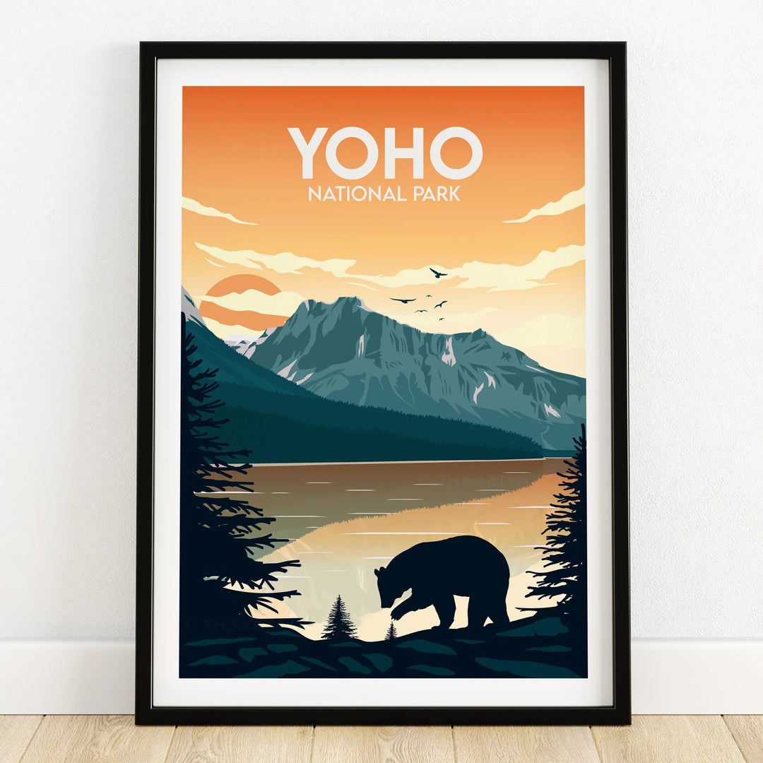 Yoho National Park art print with bear silhouette, mountains, and lake in black frame