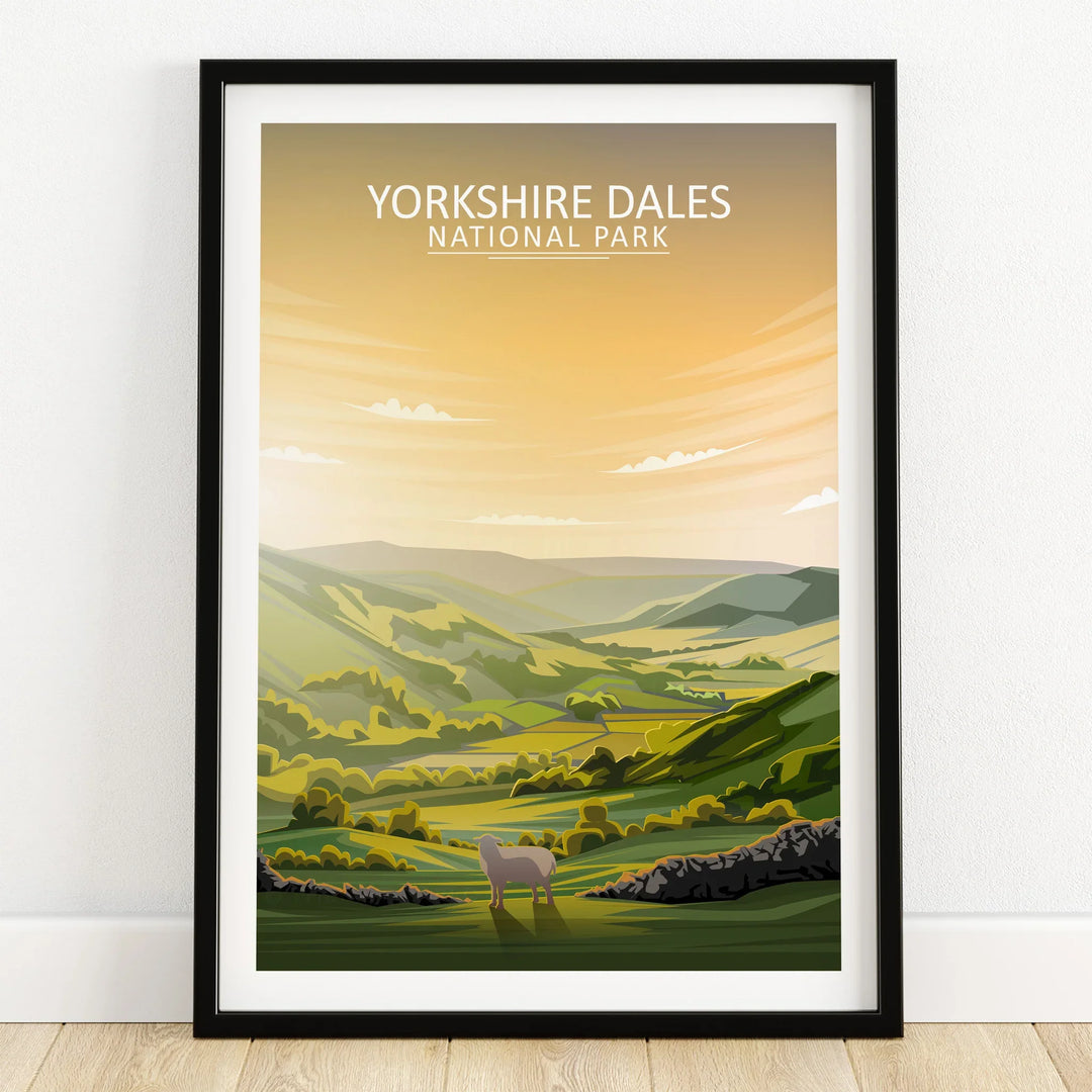 Yorkshire Dales National Park art print in black frame, scenic landscape with sheep, on floor