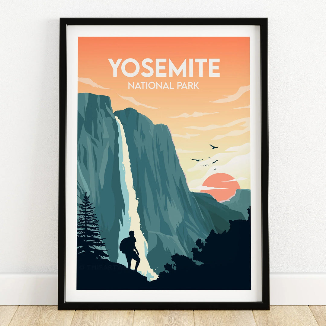 Yosemite National Park wall art print with hiker, waterfall, sunset, and mountain scene.