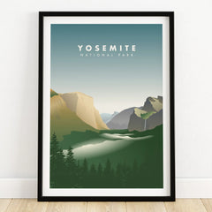 Framed Yosemite National Park art print with mountain landscape and pine trees on wooden floor