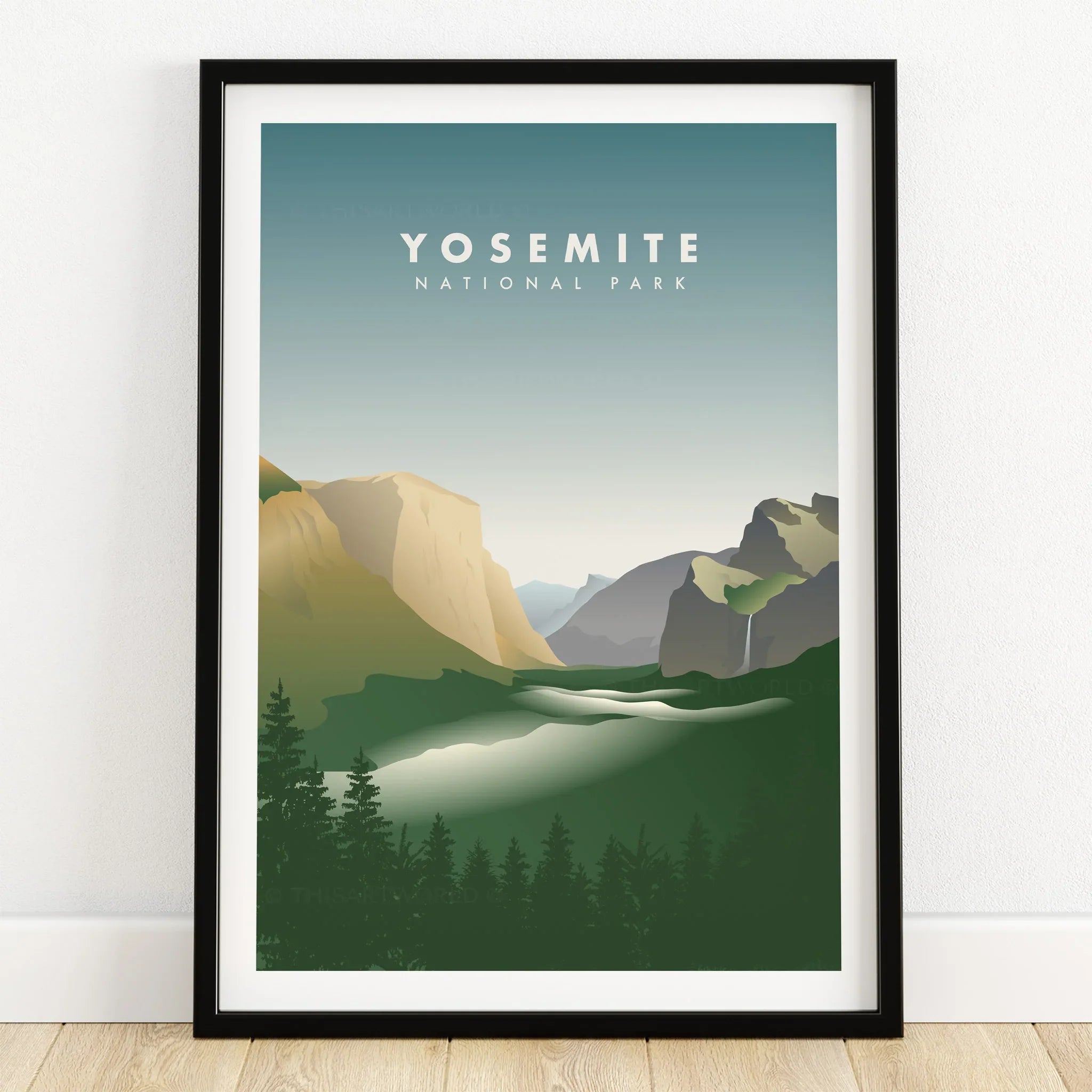 Framed Yosemite National Park art print with mountain landscape and pine trees on wooden floor