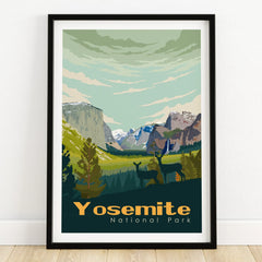 Yosemite National Park art print with mountain landscape and deer in black frame on wooden floor