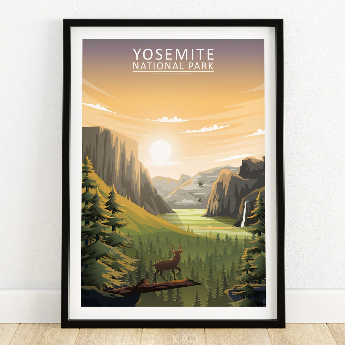 Yosemite National Park art print in black frame, landscape with deer, forest, and mountains